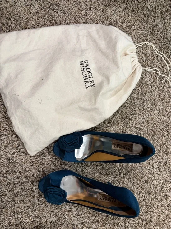 Badgley Mischka Teal Satin Peep-Toe Pumps with Rosette Accent - Picture 2 of 6